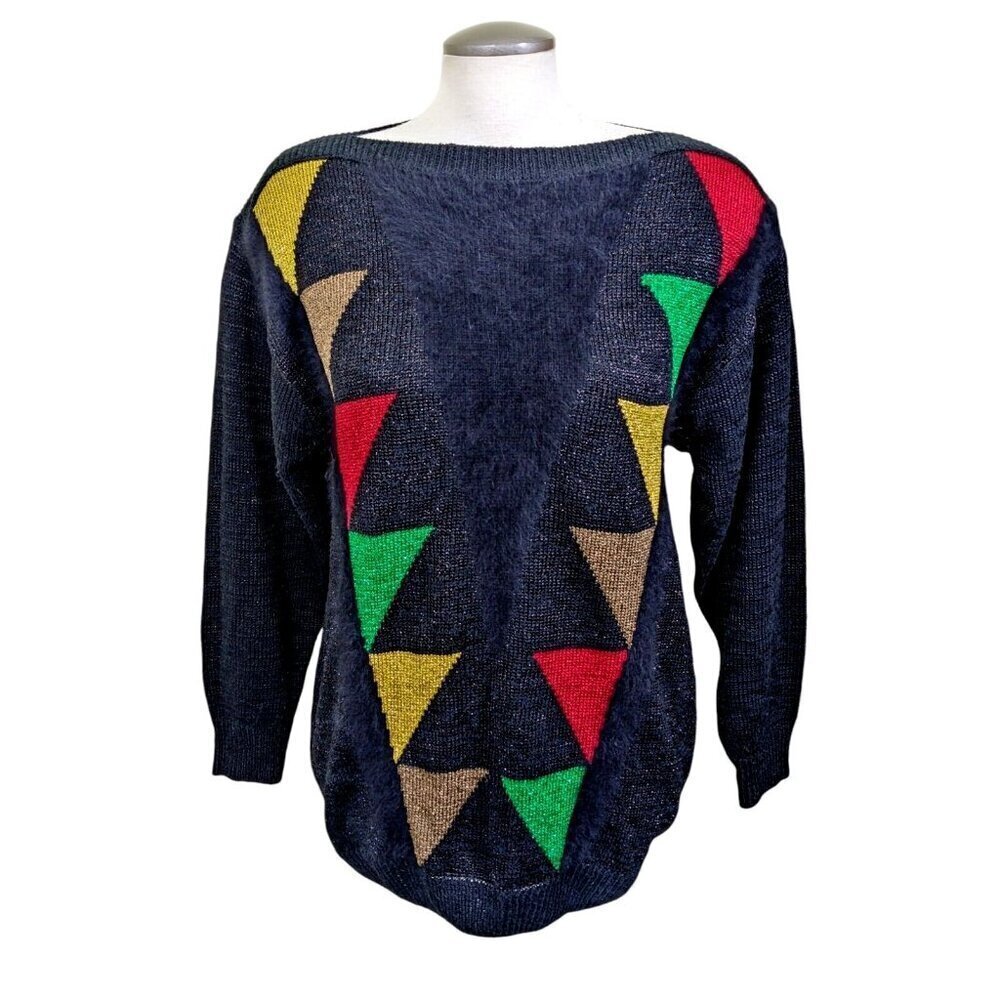 Olsen Vintage 80s Womens Sweater Medium Sparkly Black Multicolor Maximalist Bold